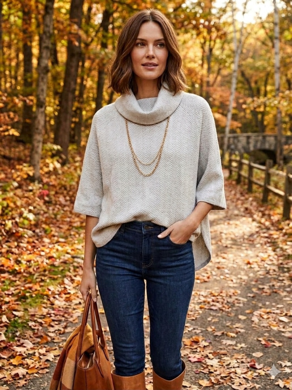 LOFT Cream and Khaki  Herringbone Cowl Neck Sweater